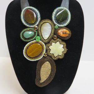 Beaded Shell Bib Necklace  Adjustable Ribbon  NWOT